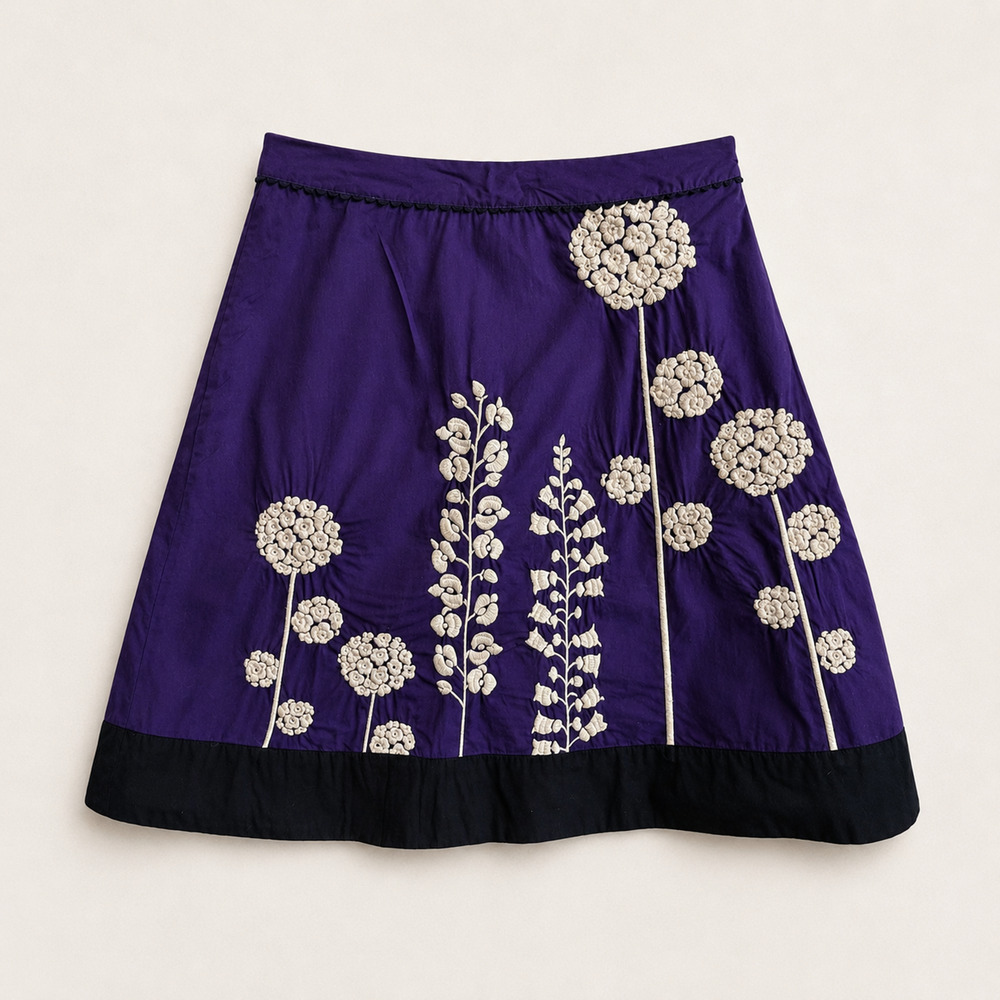 Y2K Lithe Anthropologie Purple Floral Appliqué Cotton A-Line Skirt Size 6